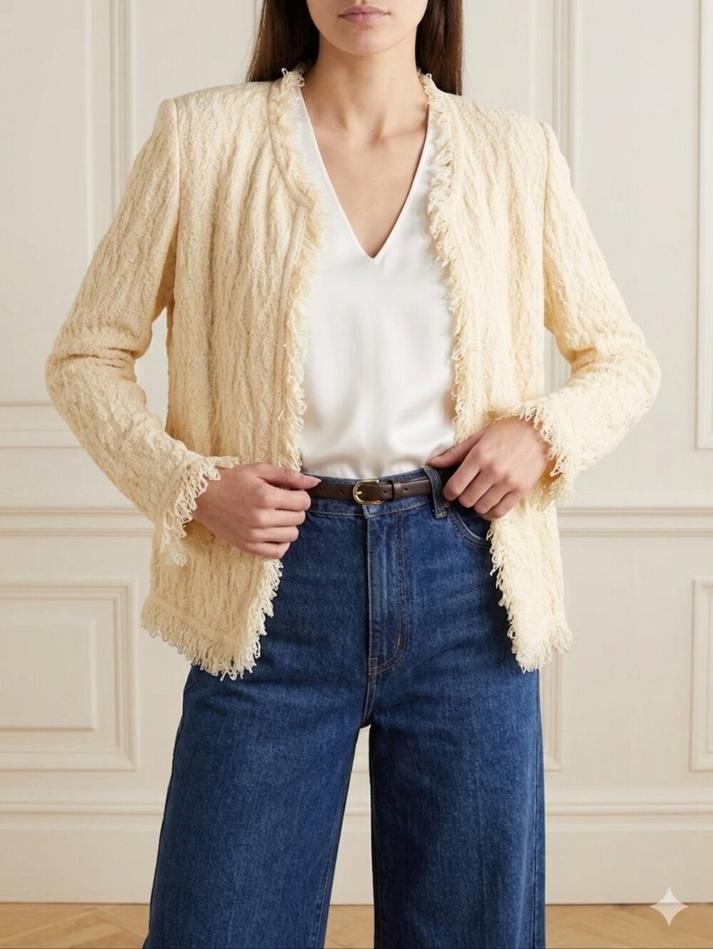 St. John Cream Fringe-Trim Textured Knit Jacket